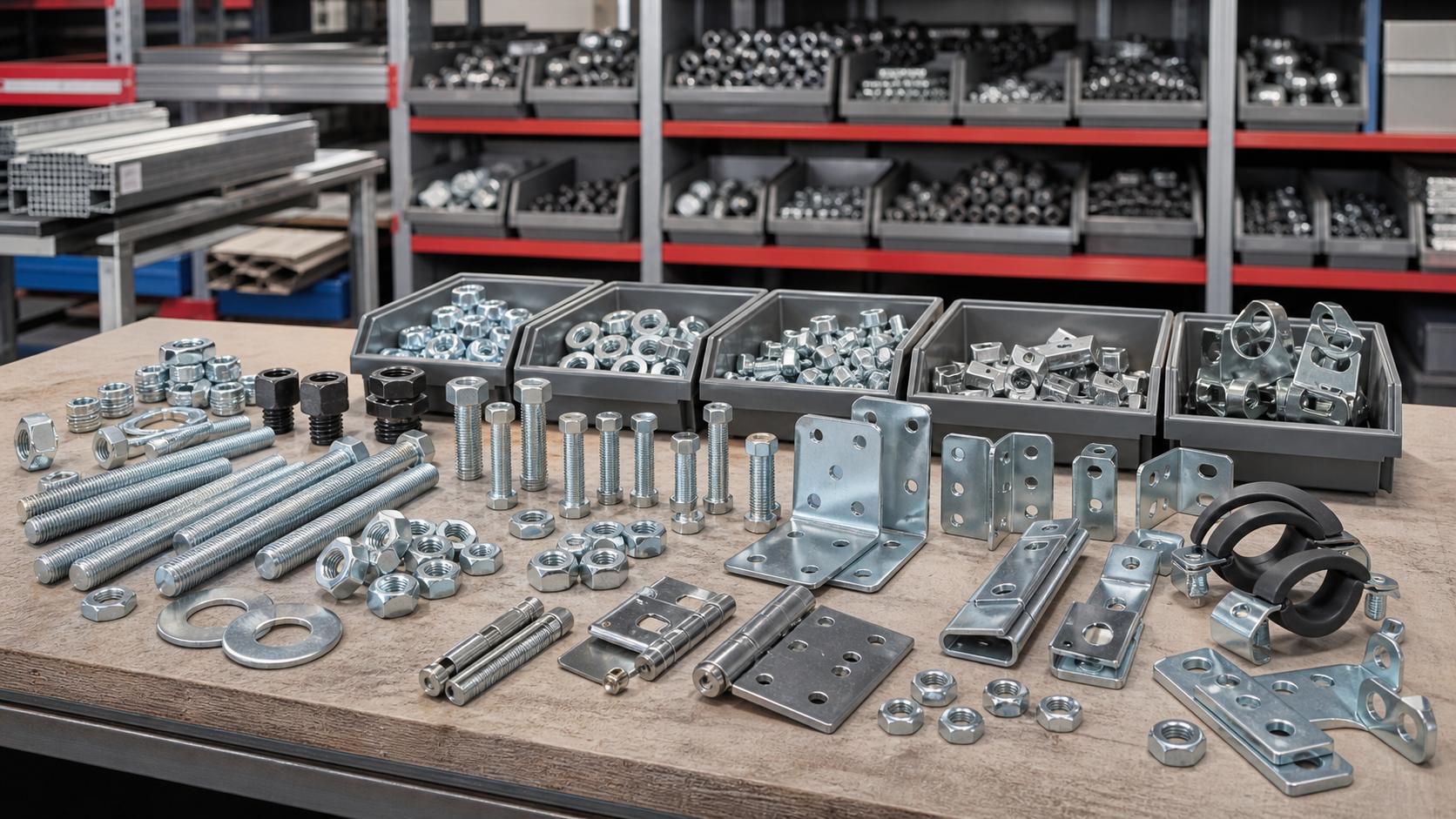 Screws, nuts, threaded rods, angles, fittings en metaalbouwing accessories