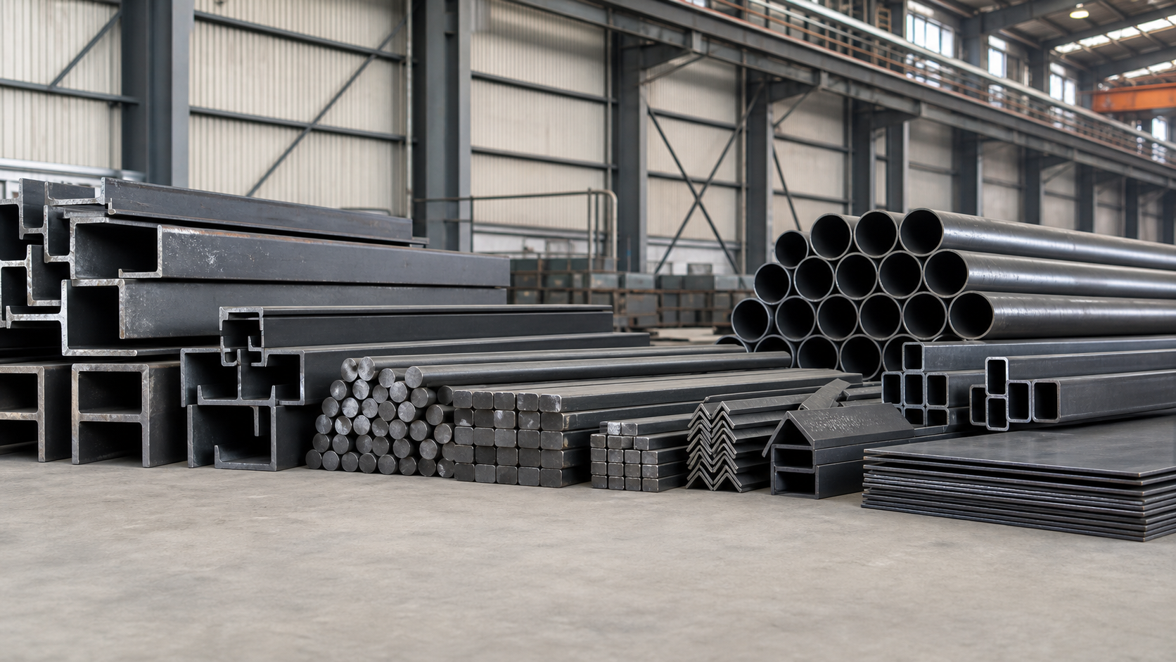 Uncoated steel beams, merchant bar, tubes, sections and sheets in the warehouse